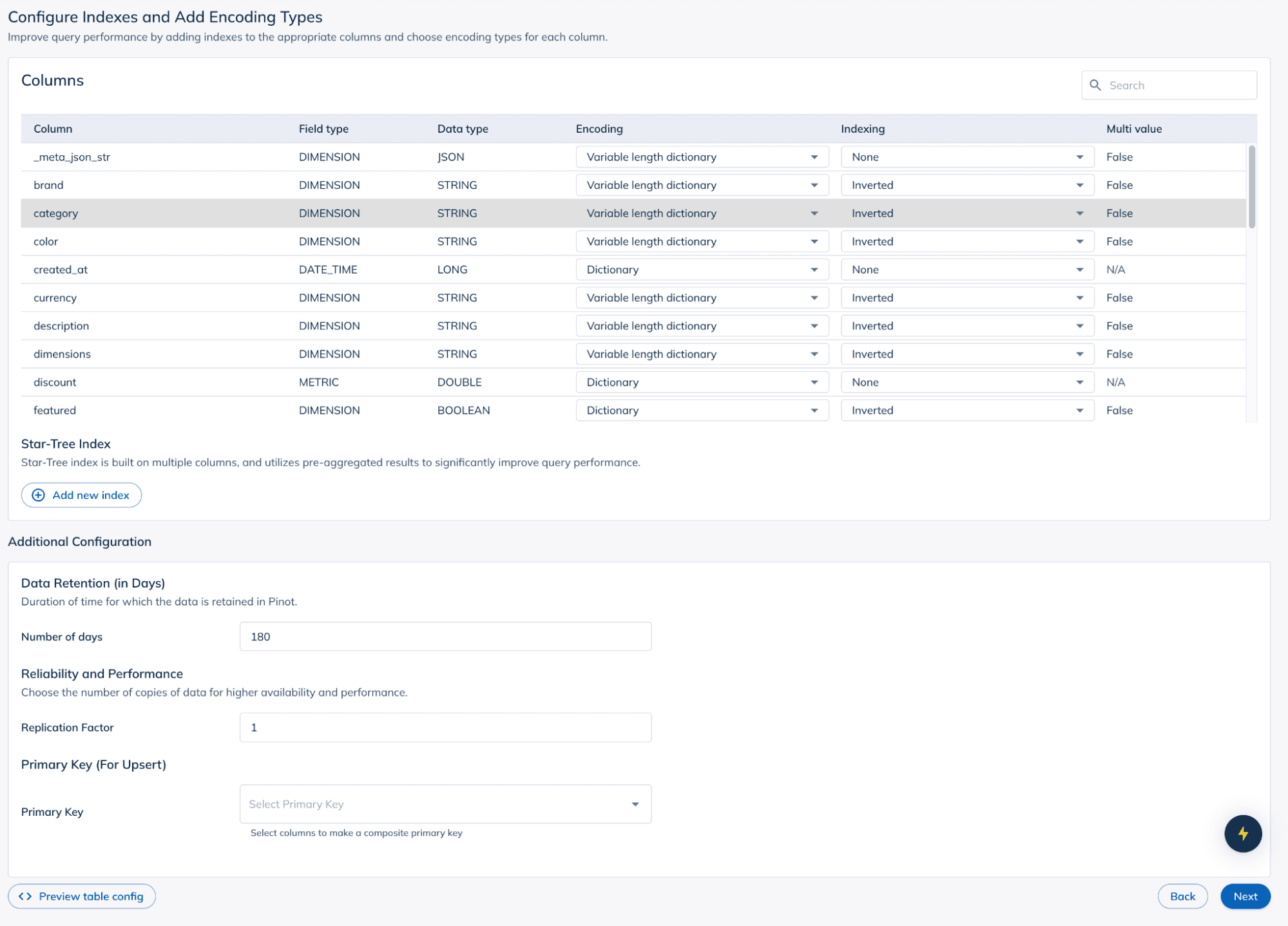 Configure indexes