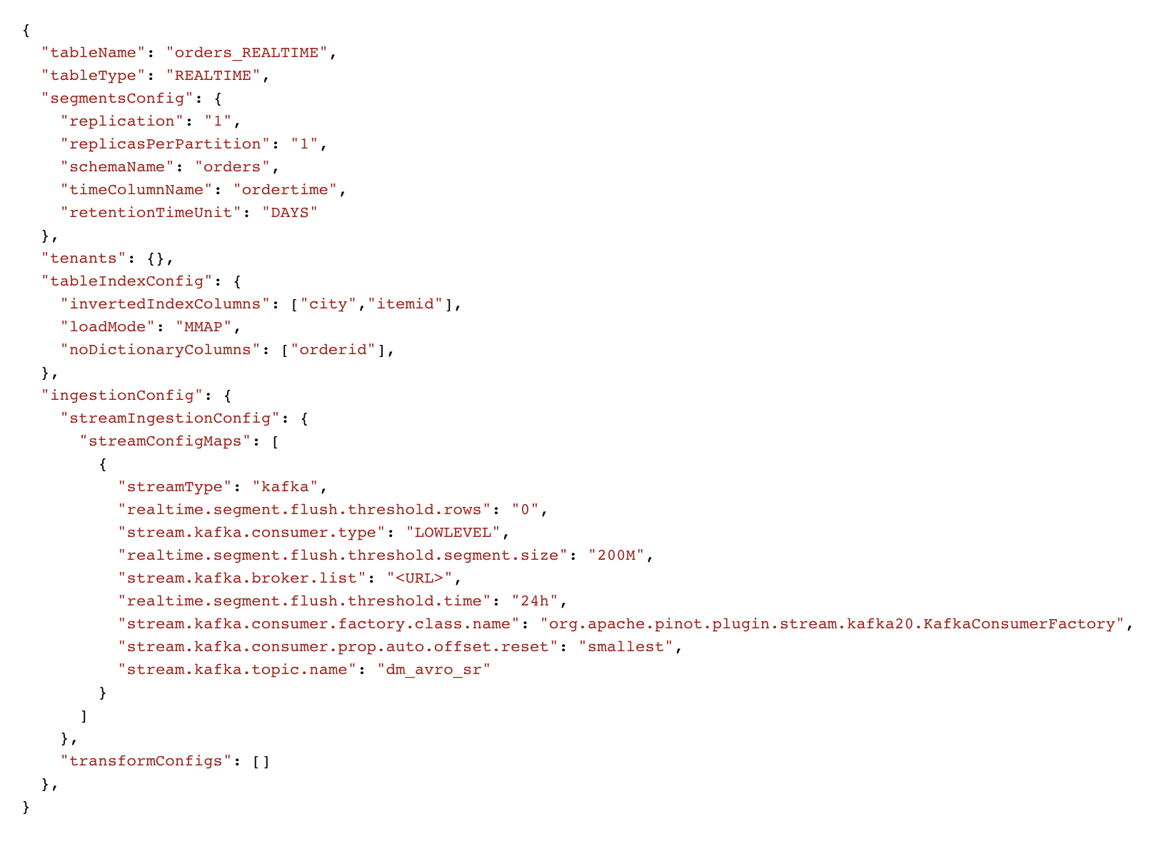 Sample Apache Pinot config for ingesting from a Kafka topic