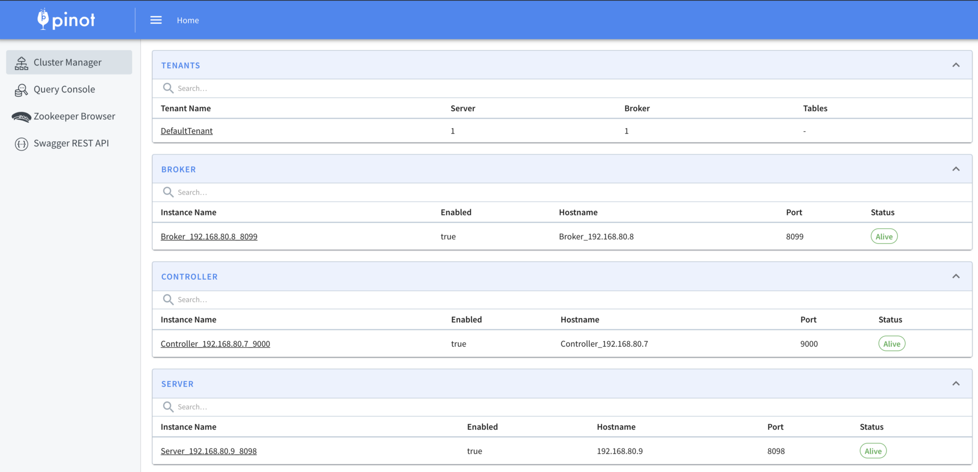 Apache Pinot controller dashboard