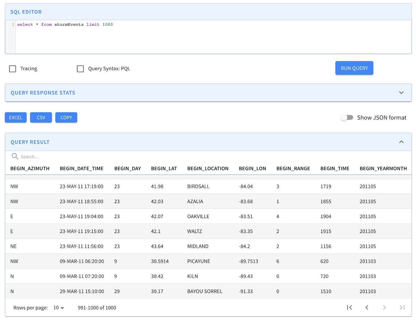 Apache Pinot query results for storm events