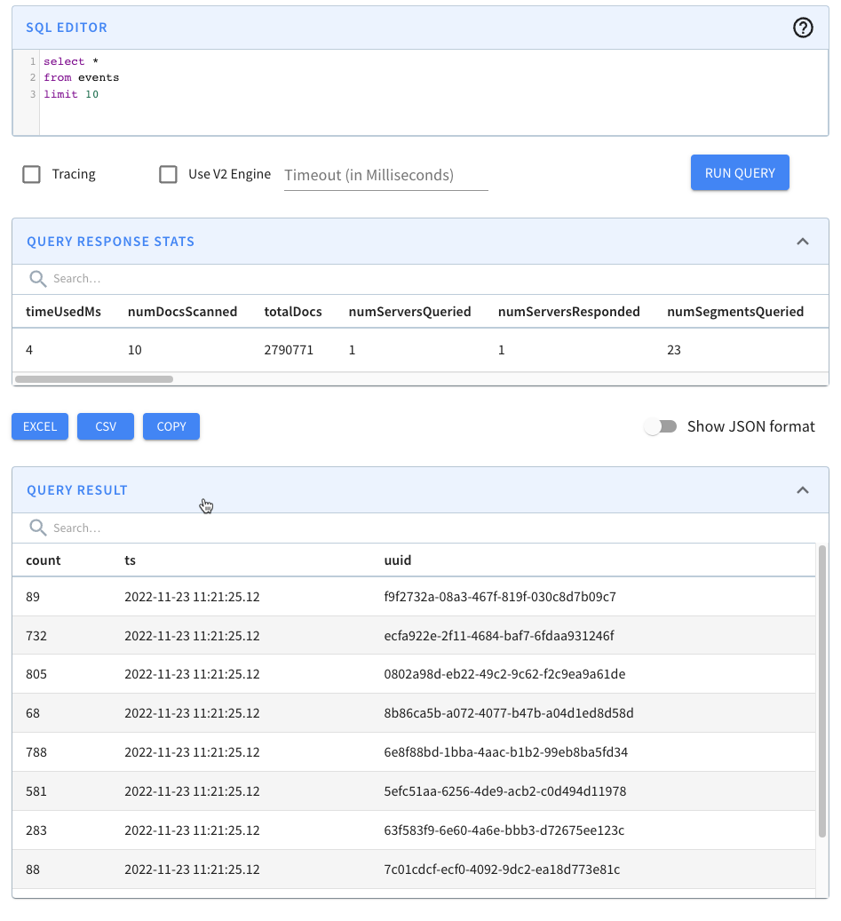 Sample events table containing records