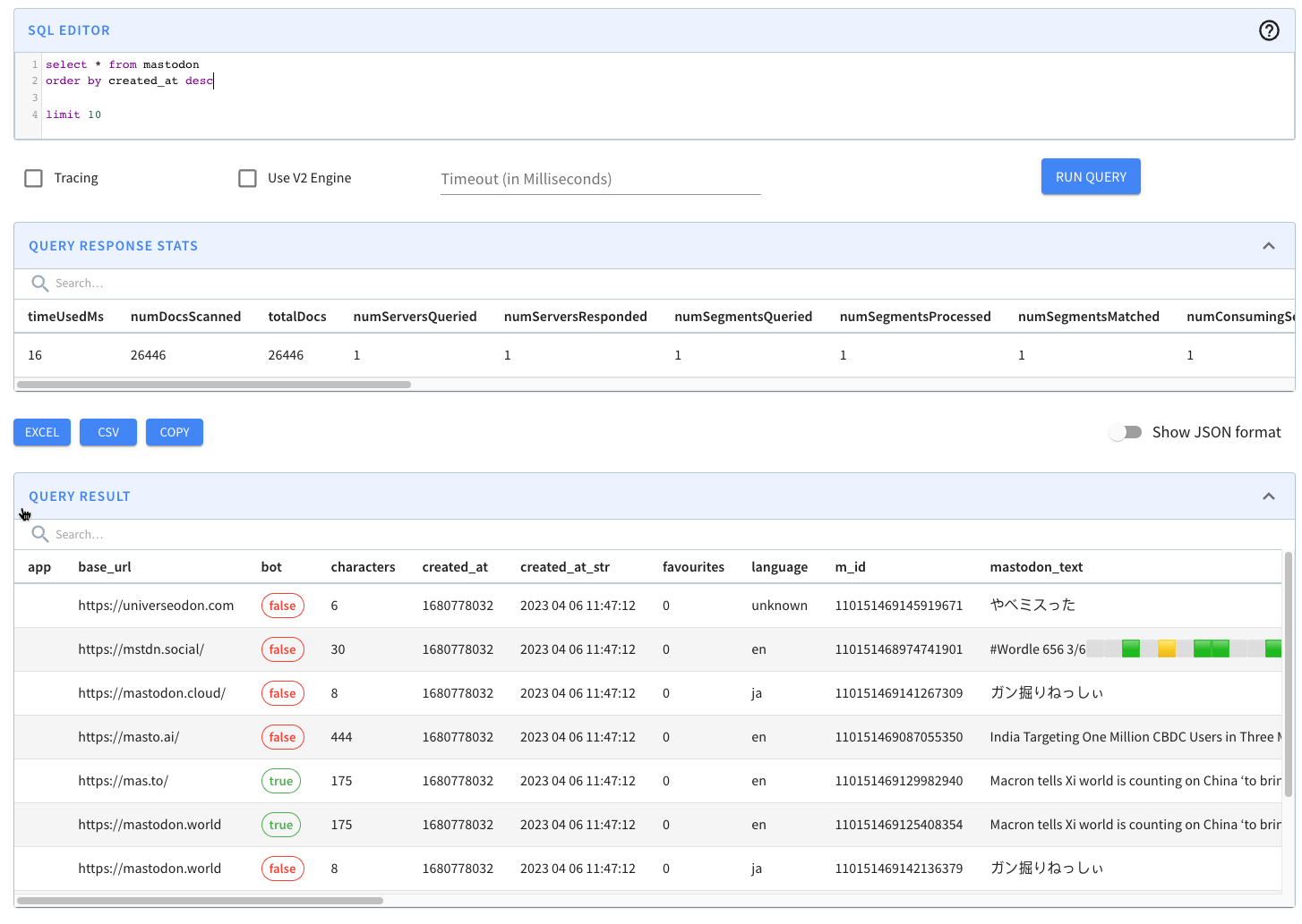 SQL Editor, query response stats, and query result in Apache Pinot